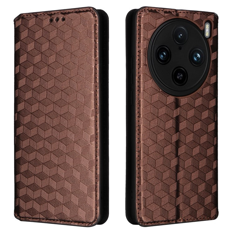 For vivo X100 Pro 5G Case Magnetic Closure Wallet Phone Protector Rhombus Pattern - Brown