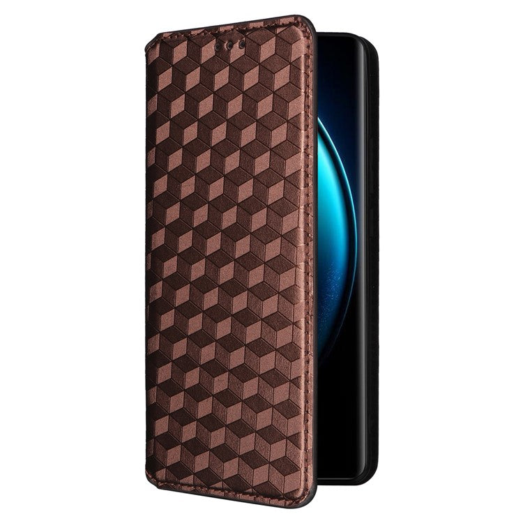 For vivo X100 Pro 5G Case Magnetic Closure Wallet Phone Protector Rhombus Pattern - Brown