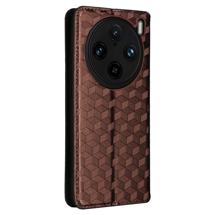 For vivo X100 Pro 5G Case Magnetic Closure Wallet Phone Protector Rhombus Pattern - Brown