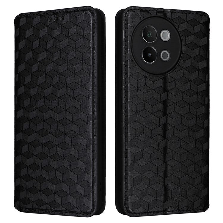 For vivo S18e 5G Leather Case Magnetic Closure Phone Cover Rhombus Pattern - Black