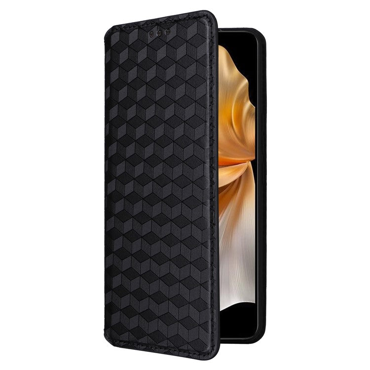 For vivo S18e 5G Leather Case Magnetic Closure Phone Cover Rhombus Pattern - Black