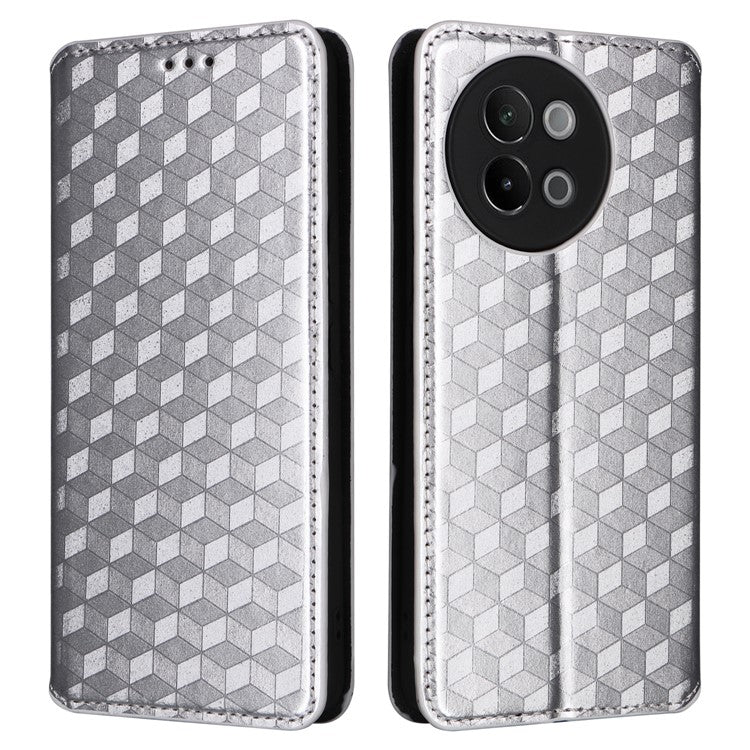 For vivo S18e 5G Leather Case Magnetic Closure Phone Cover Rhombus Pattern - Silver