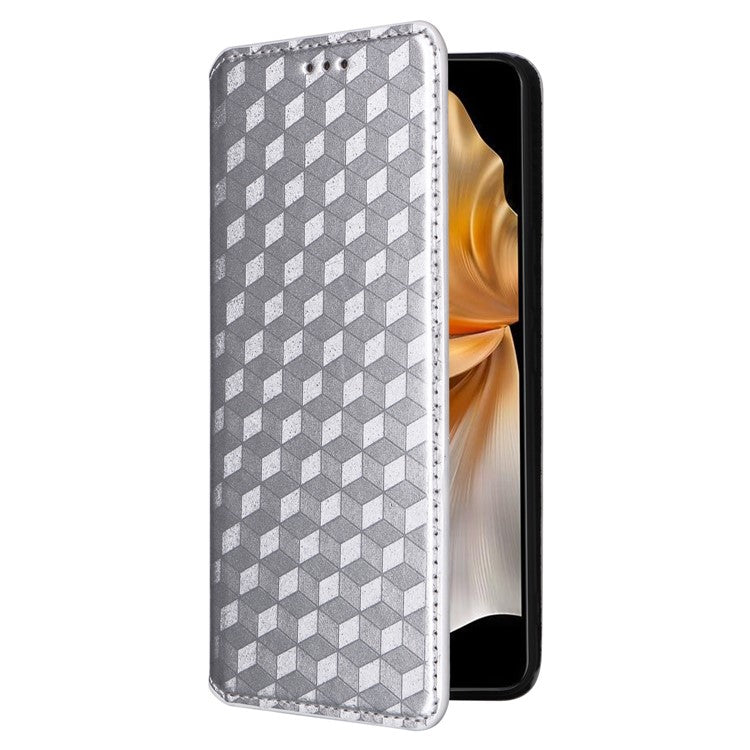 For vivo S18e 5G Leather Case Magnetic Closure Phone Cover Rhombus Pattern - Silver