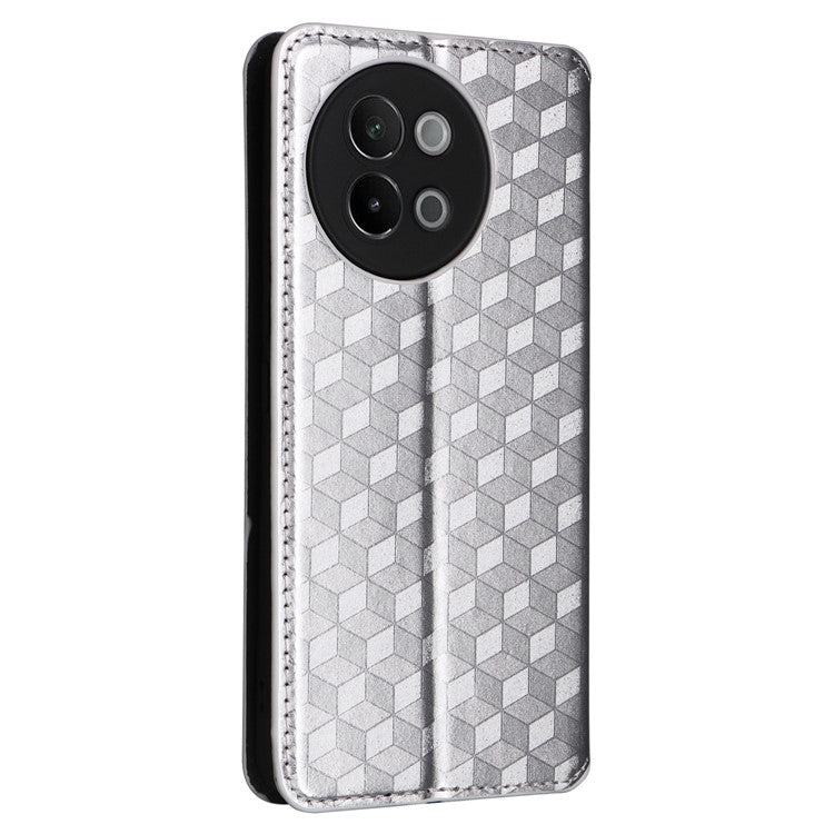 For vivo S18e 5G Leather Case Magnetic Closure Phone Cover Rhombus Pattern - Silver