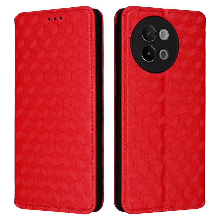 For vivo S18e 5G Leather Case Magnetic Closure Phone Cover Rhombus Pattern - Red