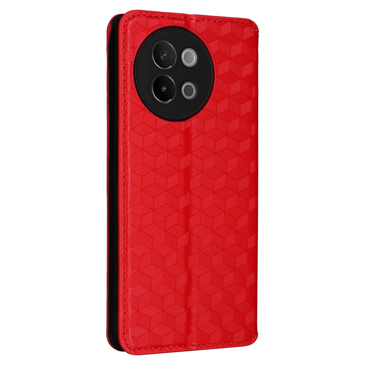 For vivo S18e 5G Leather Case Magnetic Closure Phone Cover Rhombus Pattern - Red