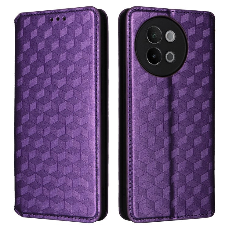 For vivo S18e 5G Leather Case Magnetic Closure Phone Cover Rhombus Pattern - Purple