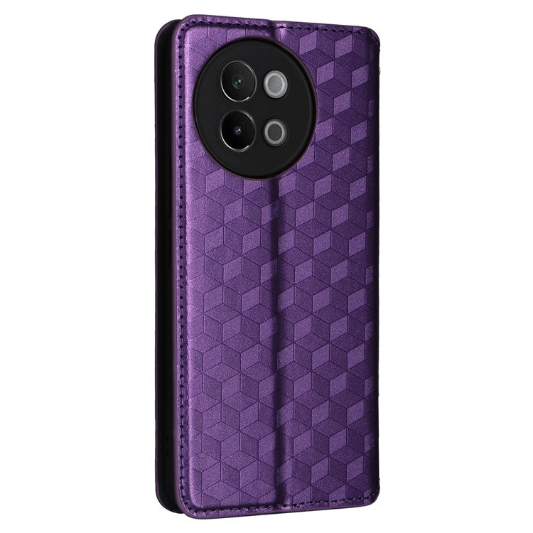 For vivo S18e 5G Leather Case Magnetic Closure Phone Cover Rhombus Pattern - Purple