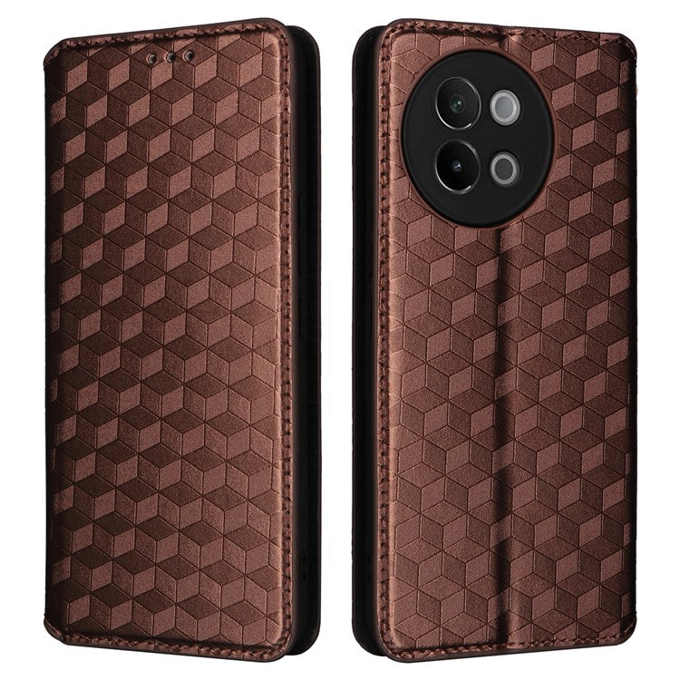 For vivo S18e 5G Leather Case Magnetic Closure Phone Cover Rhombus Pattern - Brown