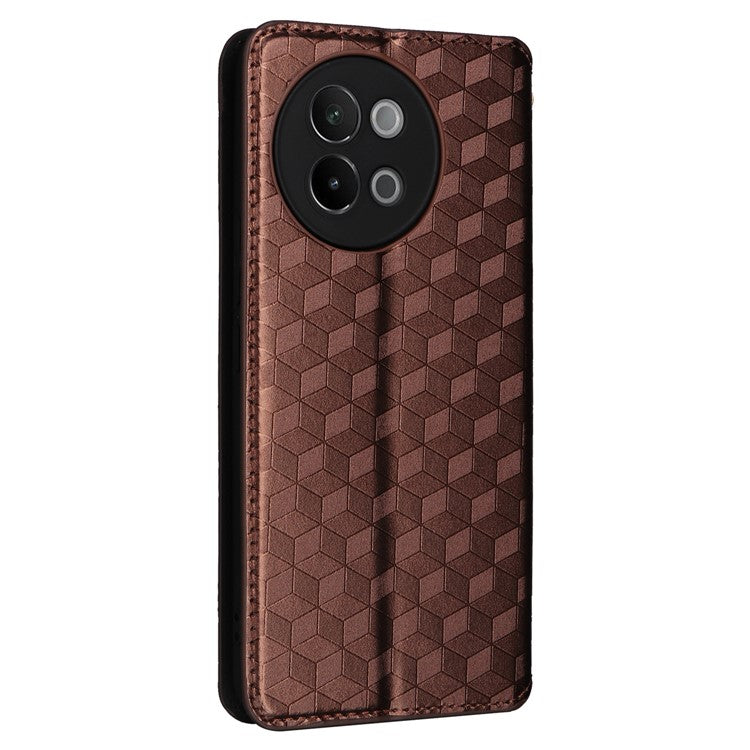 For vivo S18e 5G Leather Case Magnetic Closure Phone Cover Rhombus Pattern - Brown