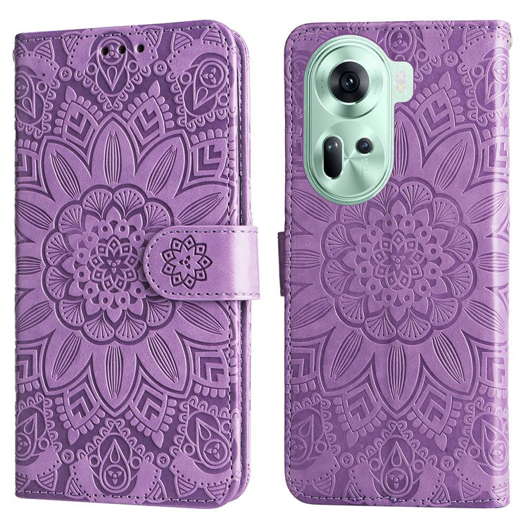 Wallet Case for Oppo Reno11 5G (Global) Phone Shell Imprinted Sunflower Pattern Anti-fall Cover - Purple