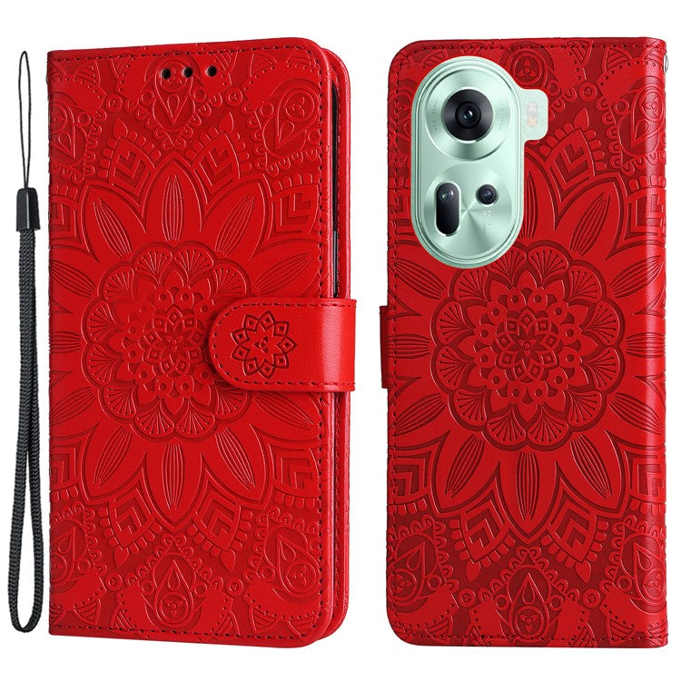 Wallet Case for Oppo Reno11 5G (Global) Phone Shell Imprinted Sunflower Pattern Anti-fall Cover - Red