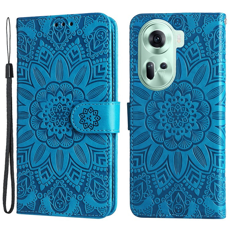 Wallet Case for Oppo Reno11 5G (Global) Phone Shell Imprinted Sunflower Pattern Anti-fall Cover - Blue