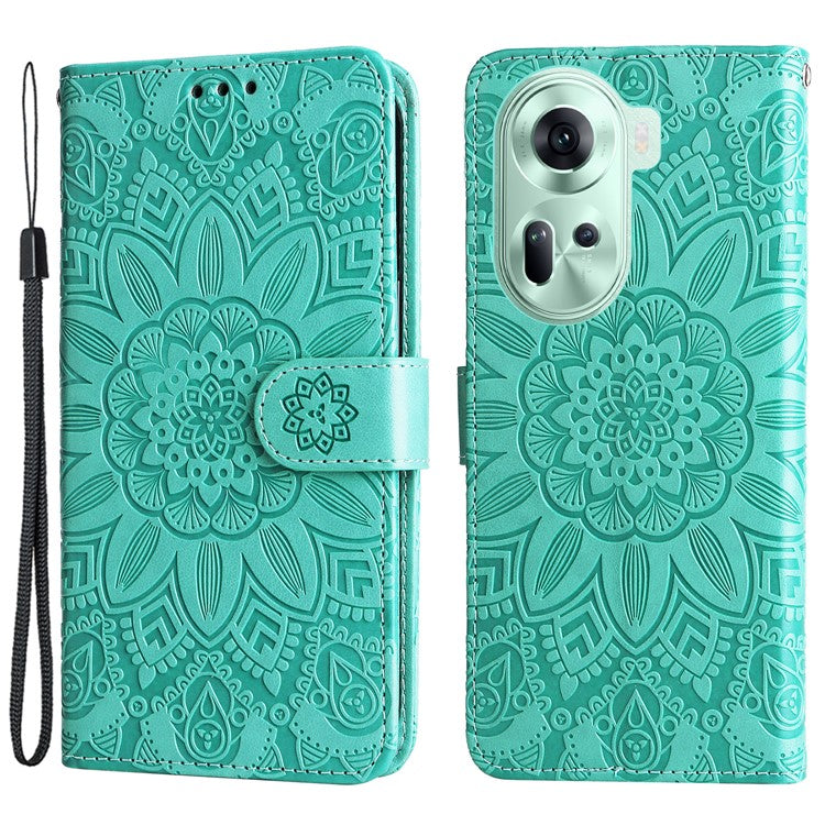 Wallet Case for Oppo Reno11 5G (Global) Phone Shell Imprinted Sunflower Pattern Anti-fall Cover - Green