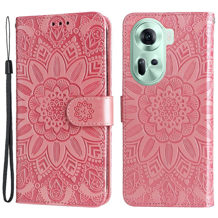 Wallet Case for Oppo Reno11 5G (Global) Phone Shell Imprinted Sunflower Pattern Anti-fall Cover - Pink