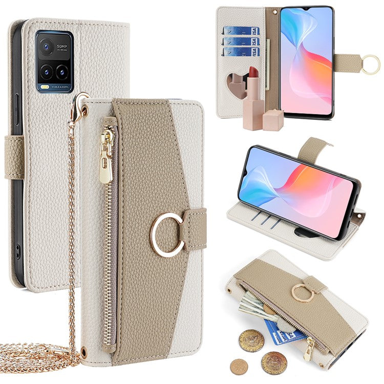 For vivo Y21 / Y21s / Y33s Phone Case PU Leather Crossbody Wallet Cover with Makeup Mirror - White