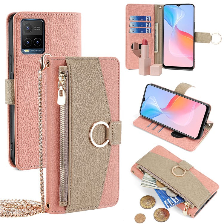 For vivo Y21 / Y21s / Y33s Phone Case PU Leather Crossbody Wallet Cover with Makeup Mirror - Pink