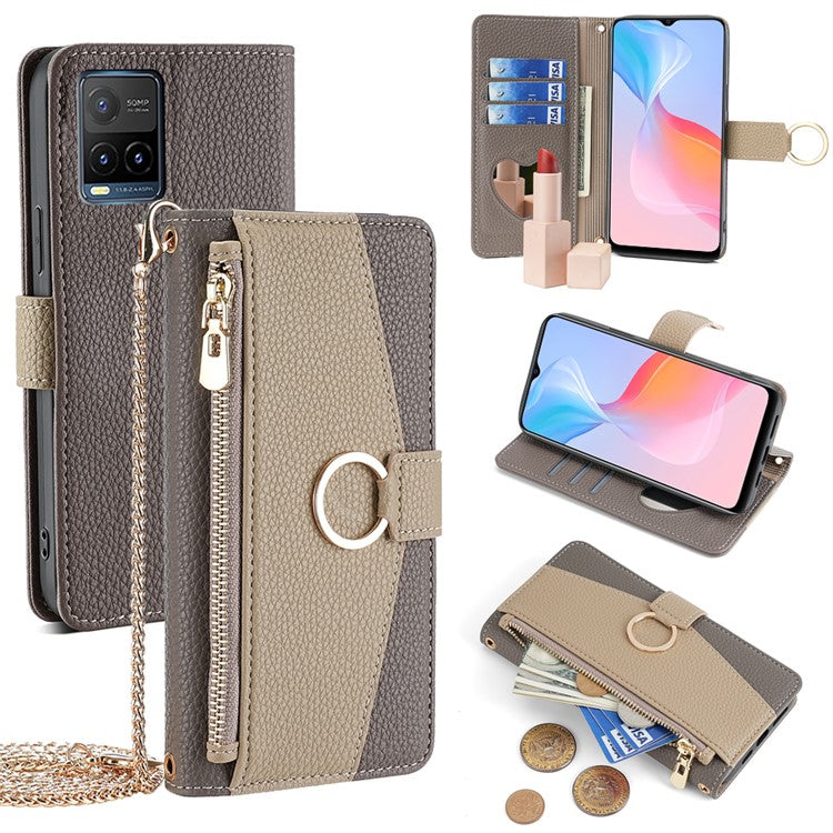 For vivo Y21 / Y21s / Y33s Phone Case PU Leather Crossbody Wallet Cover with Makeup Mirror - Grey