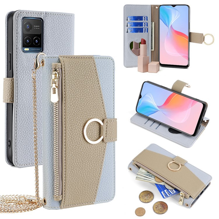 For vivo Y21 / Y21s / Y33s Phone Case PU Leather Crossbody Wallet Cover with Makeup Mirror - Blue