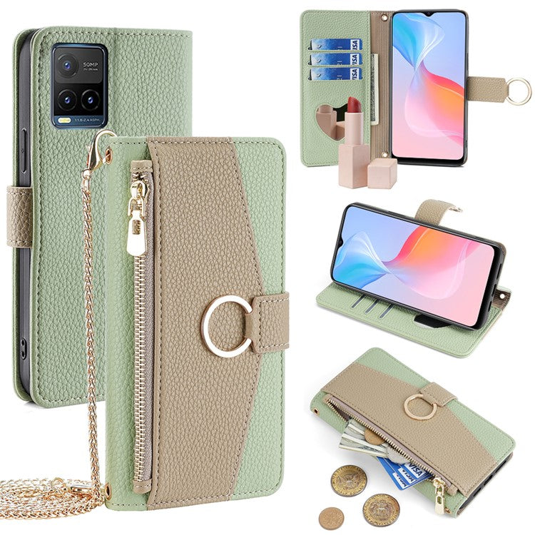 For vivo Y21 / Y21s / Y33s Phone Case PU Leather Crossbody Wallet Cover with Makeup Mirror - Green