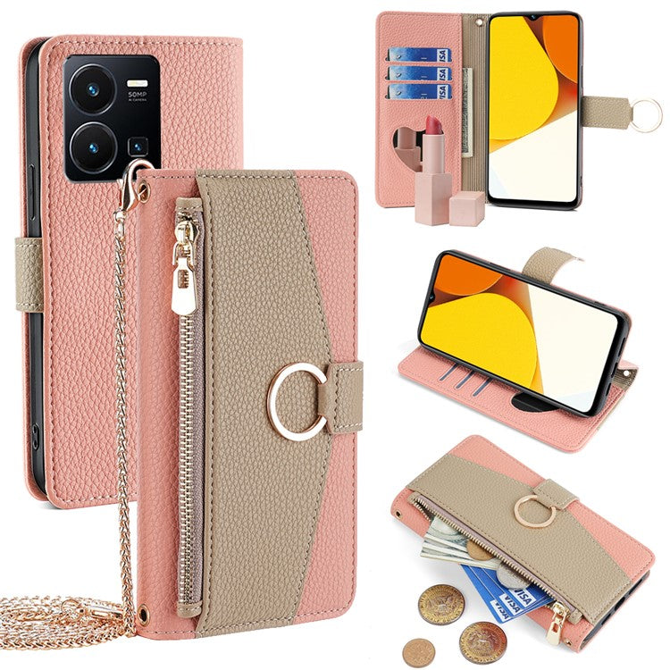 For vivo Y35 4G (2022) / Y22 4G / Y22s 4G Crossbody Phone Case Zipper Pocket Makeup Mirror Cover - Pink