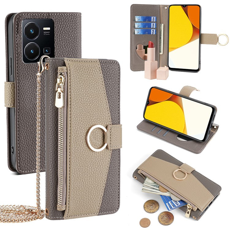 For vivo Y35 4G (2022) / Y22 4G / Y22s 4G Crossbody Phone Case Zipper Pocket Makeup Mirror Cover - Grey