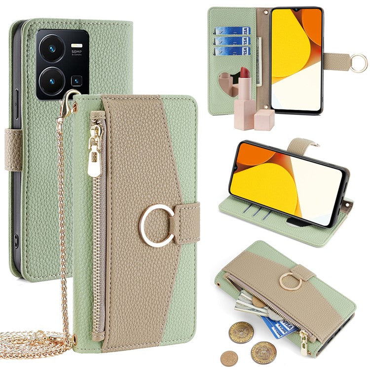 For vivo Y35 4G (2022) / Y22 4G / Y22s 4G Crossbody Phone Case Zipper Pocket Makeup Mirror Cover - Green