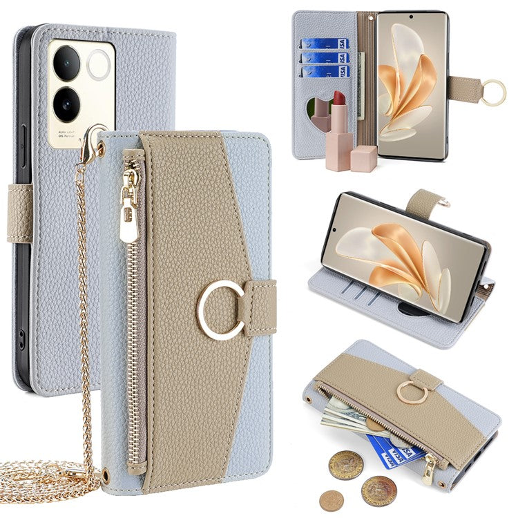 For vivo S17e 5G Zipper Wallet Case PU Leather Makeup Mirror Phone Cover with Crossbody Strap - Blue