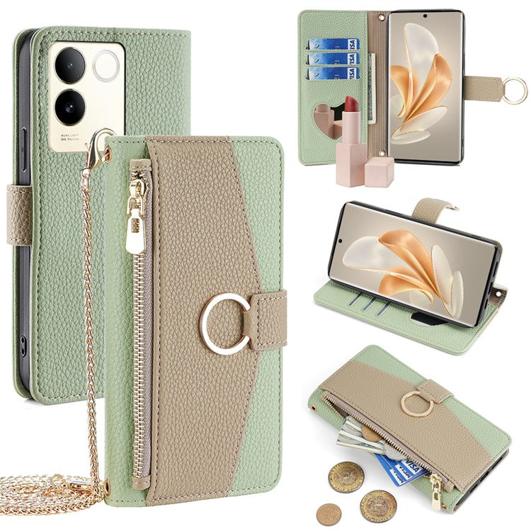 For vivo S17e 5G Zipper Wallet Case PU Leather Makeup Mirror Phone Cover with Crossbody Strap - Green