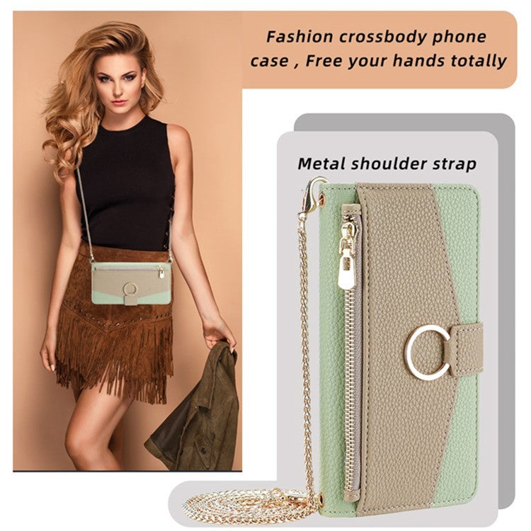 For vivo S17e 5G Zipper Wallet Case PU Leather Makeup Mirror Phone Cover with Crossbody Strap - Green