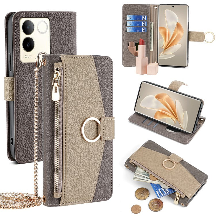 For vivo S17e 5G Zipper Wallet Case PU Leather Makeup Mirror Phone Cover with Crossbody Strap - Grey