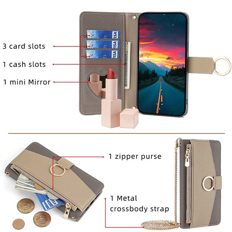 For vivo S17e 5G Zipper Wallet Case PU Leather Makeup Mirror Phone Cover with Crossbody Strap - Grey