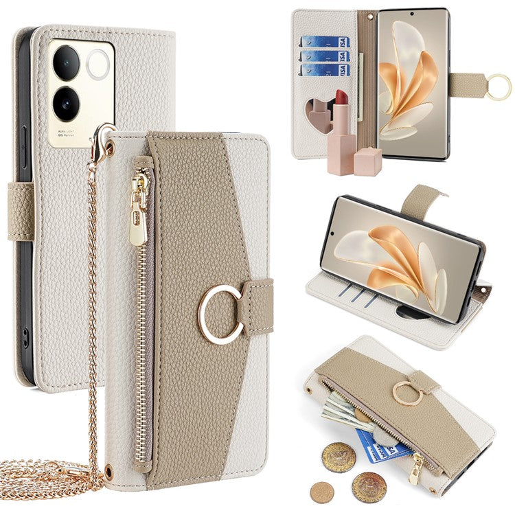 For vivo S17e 5G Zipper Wallet Case PU Leather Makeup Mirror Phone Cover with Crossbody Strap - White