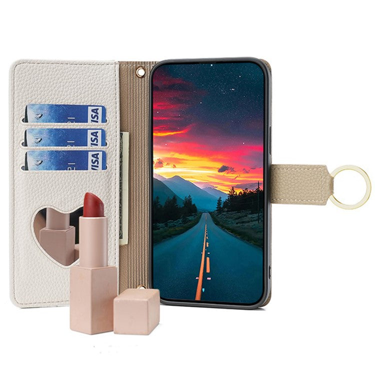 For vivo S17e 5G Zipper Wallet Case PU Leather Makeup Mirror Phone Cover with Crossbody Strap - White