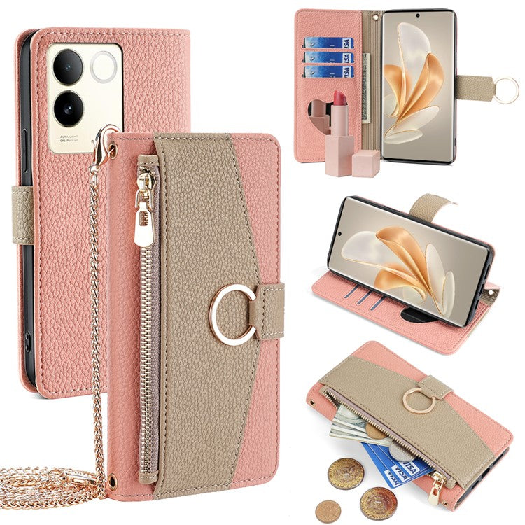 For vivo S17e 5G Zipper Wallet Case PU Leather Makeup Mirror Phone Cover with Crossbody Strap - Pink