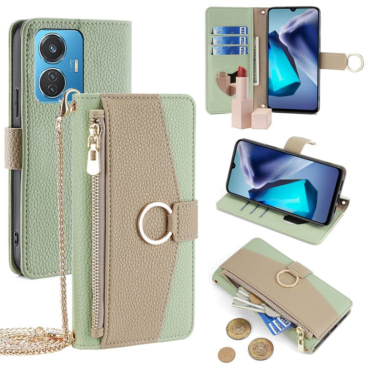 For vivo T1 (Snapdragon 680) / iQOO Z6 44W Case PU Leather Crossbody Phone Cover Zipper Pocket - Green