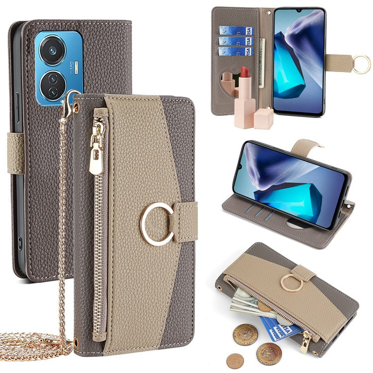 For vivo T1 (Snapdragon 680) / iQOO Z6 44W Case PU Leather Crossbody Phone Cover Zipper Pocket - Grey