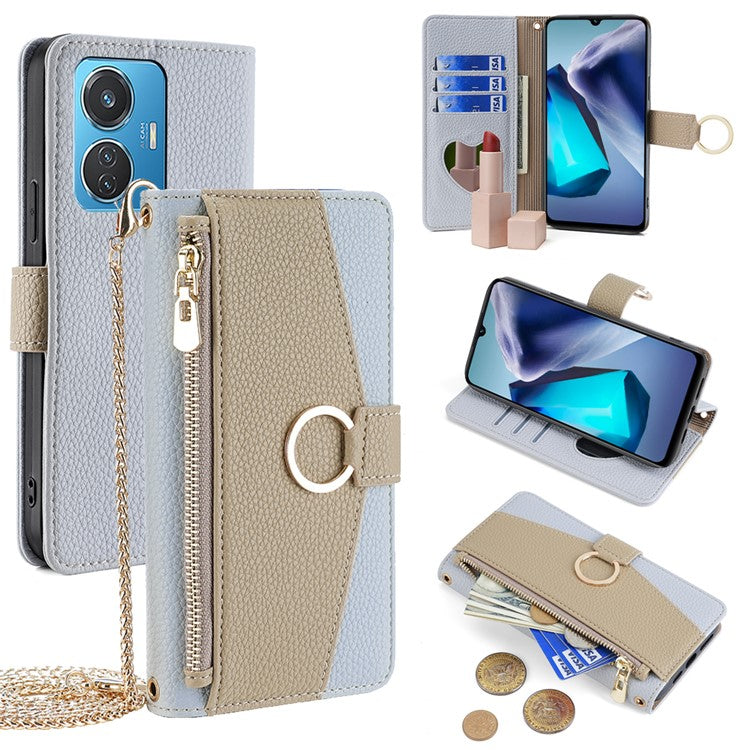 For vivo T1 (Snapdragon 680) / iQOO Z6 44W Case PU Leather Crossbody Phone Cover Zipper Pocket - Blue