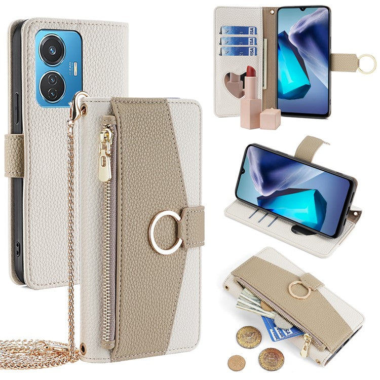 For vivo T1 (Snapdragon 680) / iQOO Z6 44W Case PU Leather Crossbody Phone Cover Zipper Pocket - White