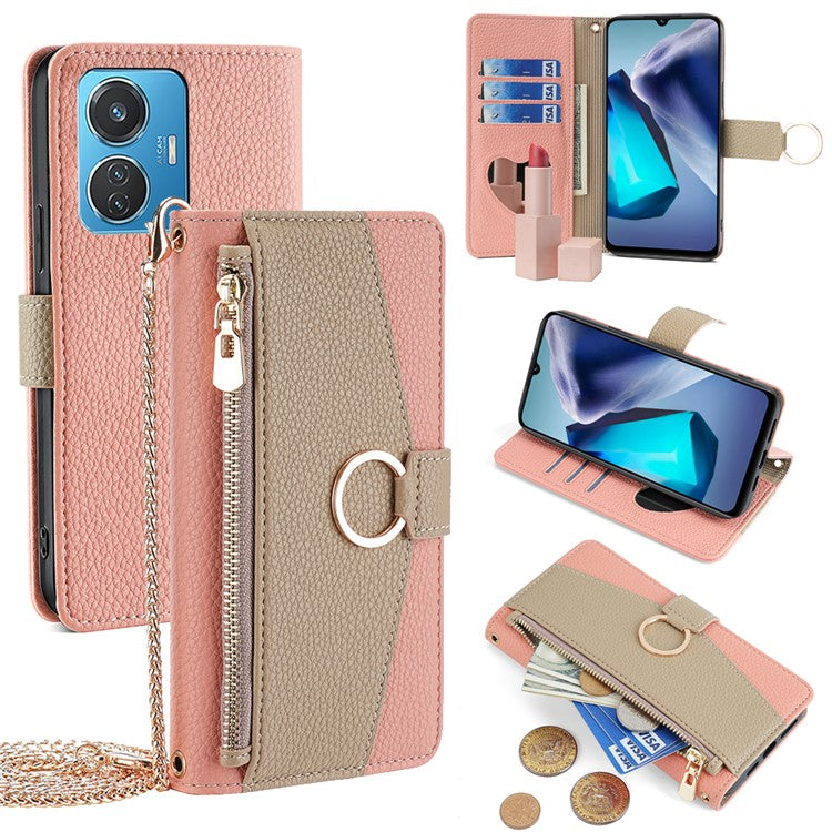 For vivo T1 (Snapdragon 680) / iQOO Z6 44W Case PU Leather Crossbody Phone Cover Zipper Pocket - Pink