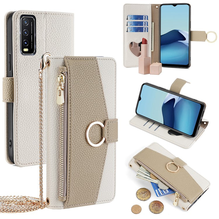 For vivo Y20 / Y20i / Y20s / Y11s / iQOO U1x / Y12s Case Zipper PU Leather Purse Crossbody Phone Cover - White