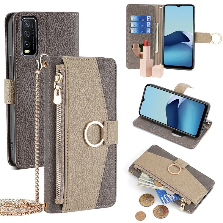 For vivo Y20 / Y20i / Y20s / Y11s / iQOO U1x / Y12s Case Zipper PU Leather Purse Crossbody Phone Cover - Grey