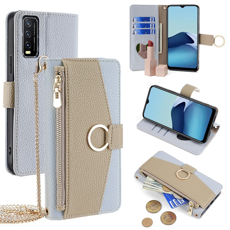 For vivo Y20 / Y20i / Y20s / Y11s / iQOO U1x / Y12s Case Zipper PU Leather Purse Crossbody Phone Cover - Blue