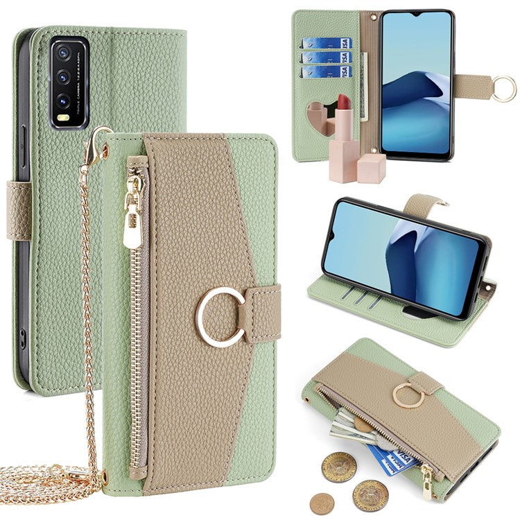 For vivo Y20 / Y20i / Y20s / Y11s / iQOO U1x / Y12s Case Zipper PU Leather Purse Crossbody Phone Cover - Green