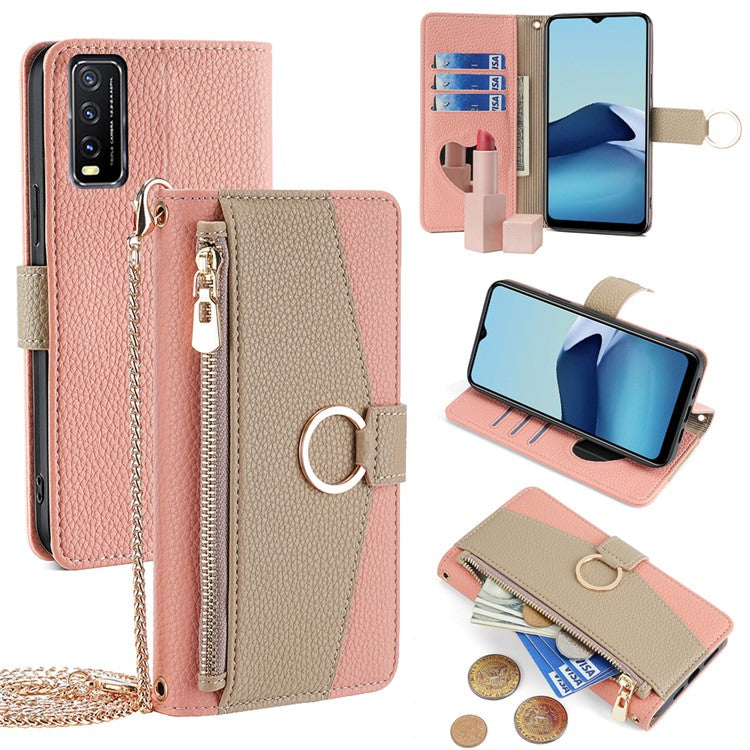 For vivo Y20 / Y20i / Y20s / Y11s / iQOO U1x / Y12s Case Zipper PU Leather Purse Crossbody Phone Cover - Pink