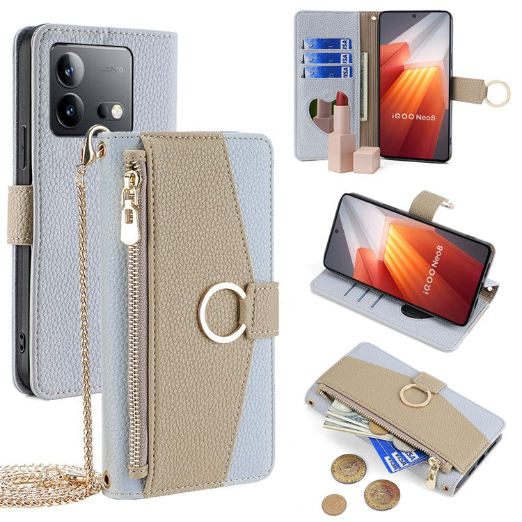 For vivo iQOO Neo8 5G  /  Neo8 Pro 5G Case Phone Bag PU Leather Wallet Stand Cover with Mirror - Blue