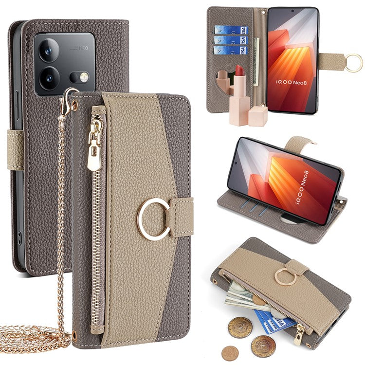 For vivo iQOO Neo8 5G  /  Neo8 Pro 5G Case Phone Bag PU Leather Wallet Stand Cover with Mirror - Grey