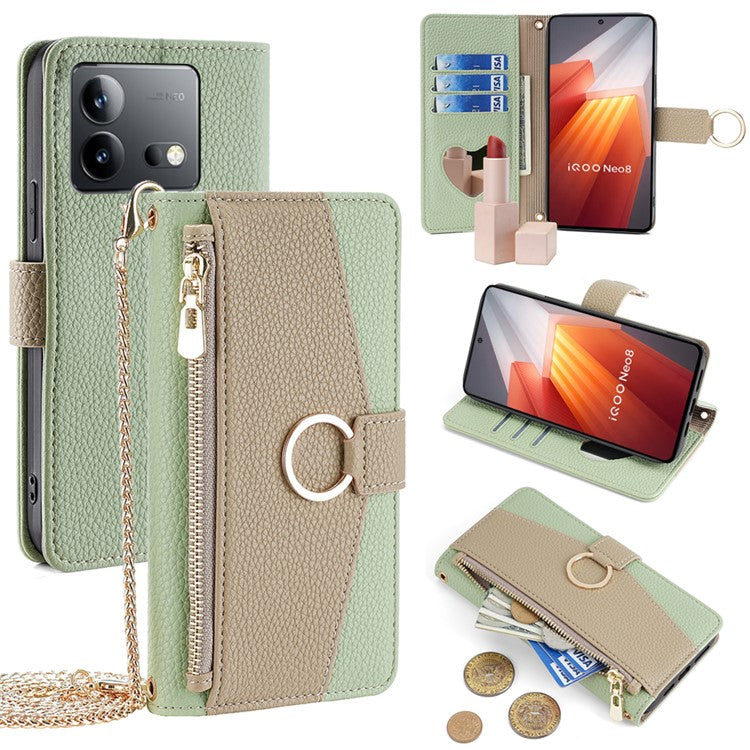 For vivo iQOO Neo8 5G  /  Neo8 Pro 5G Case Phone Bag PU Leather Wallet Stand Cover with Mirror - Green