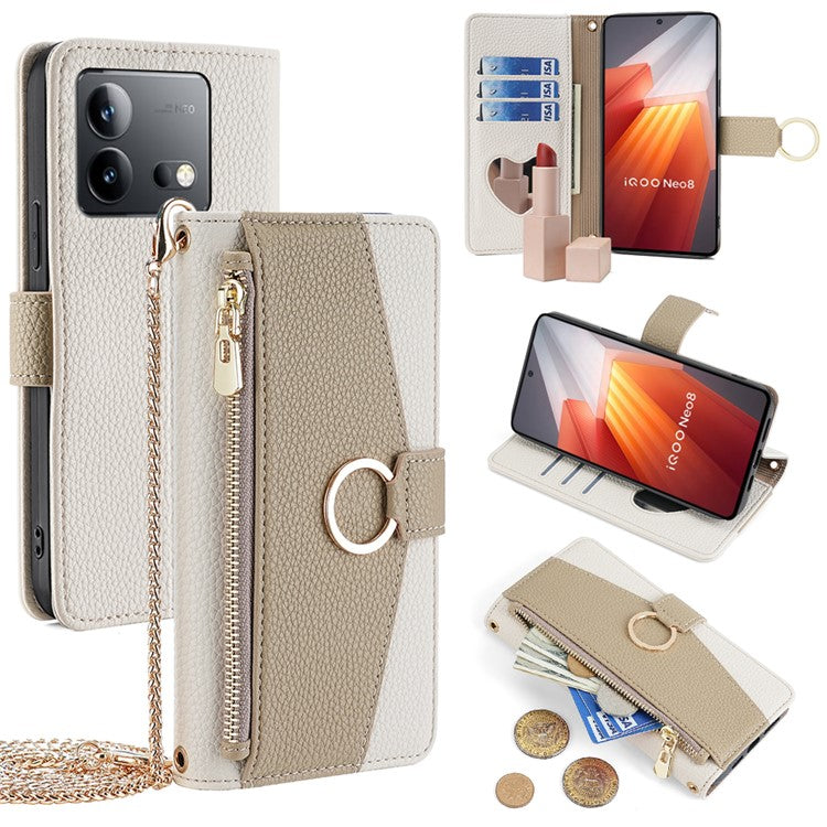 For vivo iQOO Neo8 5G  /  Neo8 Pro 5G Case Phone Bag PU Leather Wallet Stand Cover with Mirror - White