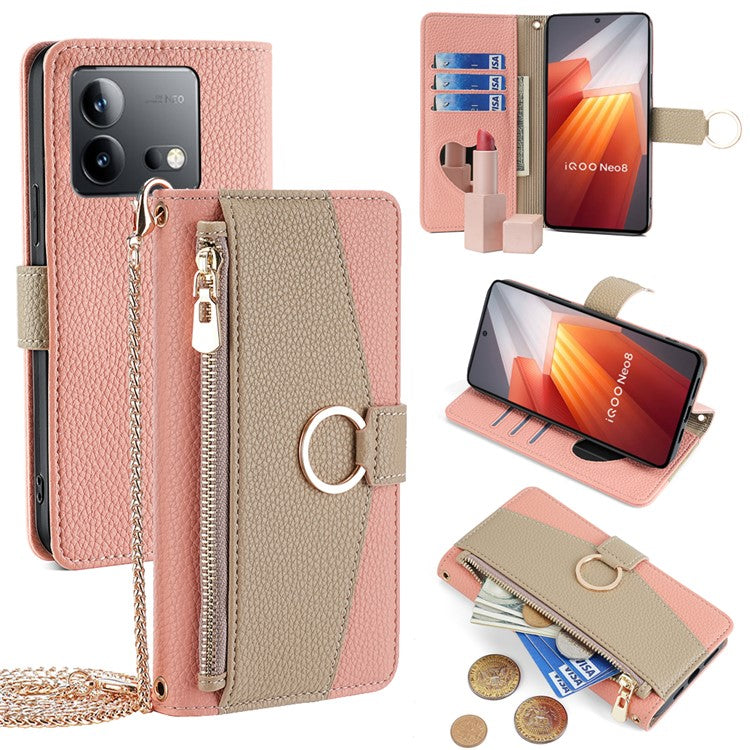 For vivo iQOO Neo8 5G  /  Neo8 Pro 5G Case Phone Bag PU Leather Wallet Stand Cover with Mirror - Pink